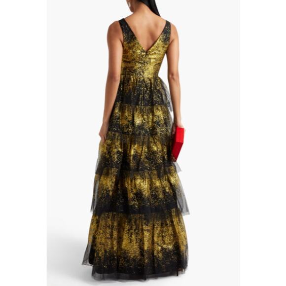 Marchesa Notte Gold Sleeveless V-Neck Tulle Dress Black Glitter Size 4 - Picture 3 of 6